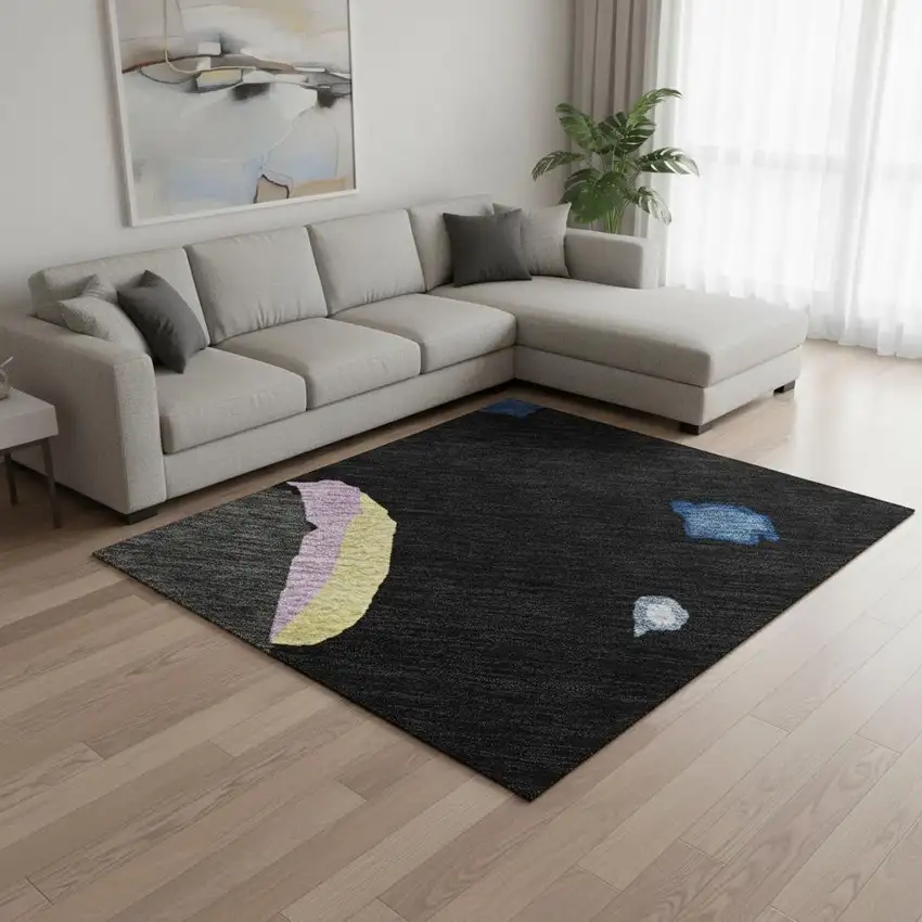 Black Blue Yellow And Pink Abstract Washable Area Rug With UV Protection Photo 2