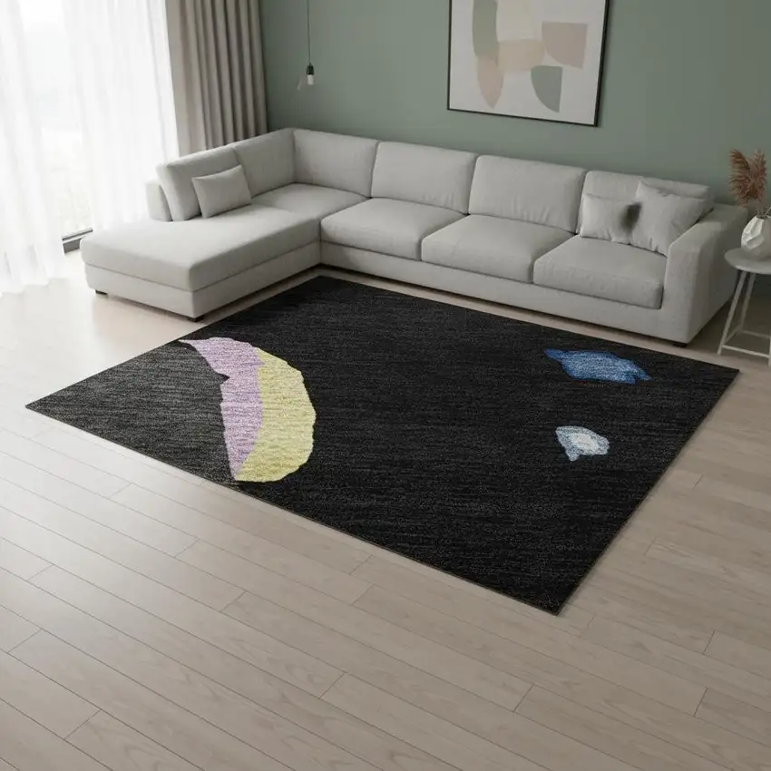 Black Blue Yellow And Pink Abstract Washable Area Rug With UV Protection Photo 2