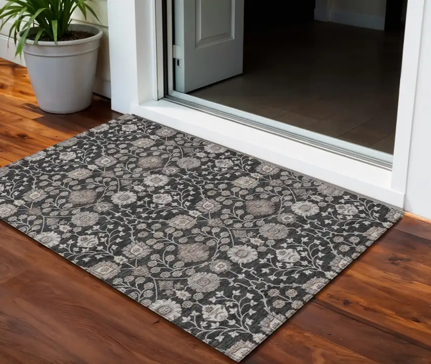 Black Brown And Beige Floral Washable Indoor Outdoor Area Rug Photo 1
