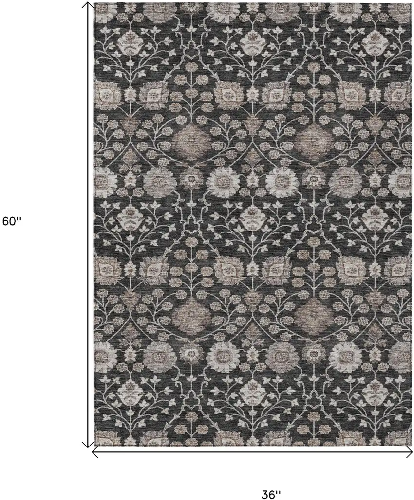 Black Brown And Beige Floral Washable Indoor Outdoor Area Rug Photo 7
