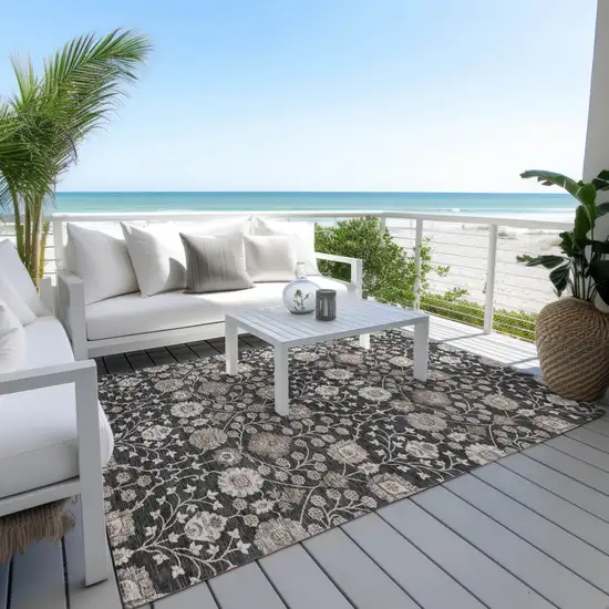 Black Brown And Beige Floral Washable Indoor Outdoor Area Rug Photo 6
