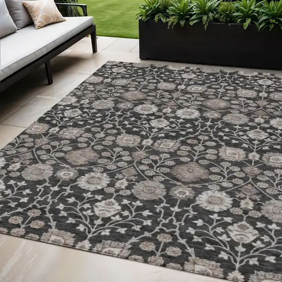 Black Brown And Beige Floral Washable Indoor Outdoor Area Rug Photo 1