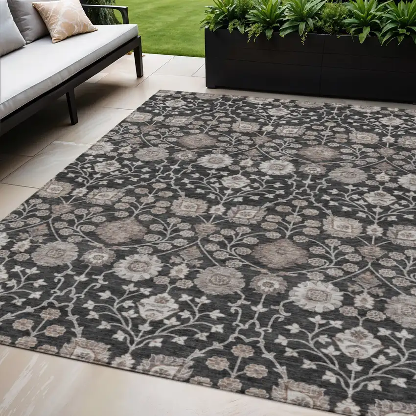 Black Brown And Beige Floral Washable Indoor Outdoor Area Rug Photo 1