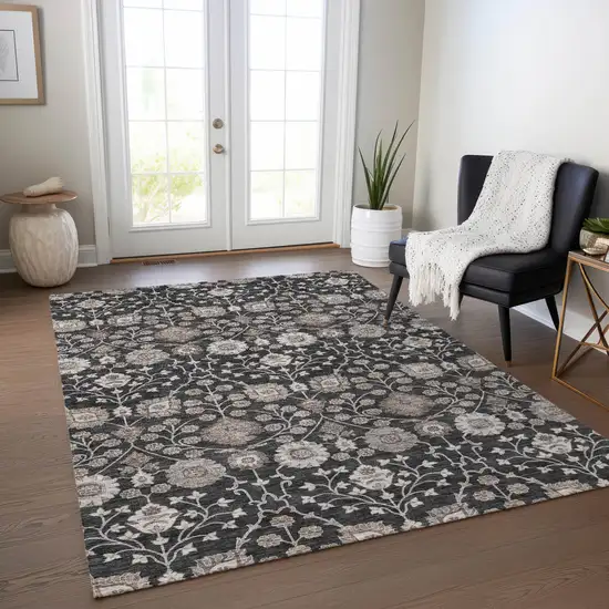 Black Brown And Beige Floral Washable Indoor Outdoor Area Rug Photo 8