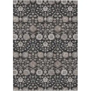 Photo of Black Brown And Beige Floral Washable Indoor Outdoor Area Rug