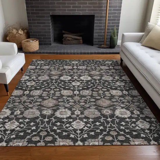 Black Brown And Beige Floral Washable Indoor Outdoor Area Rug Photo 9