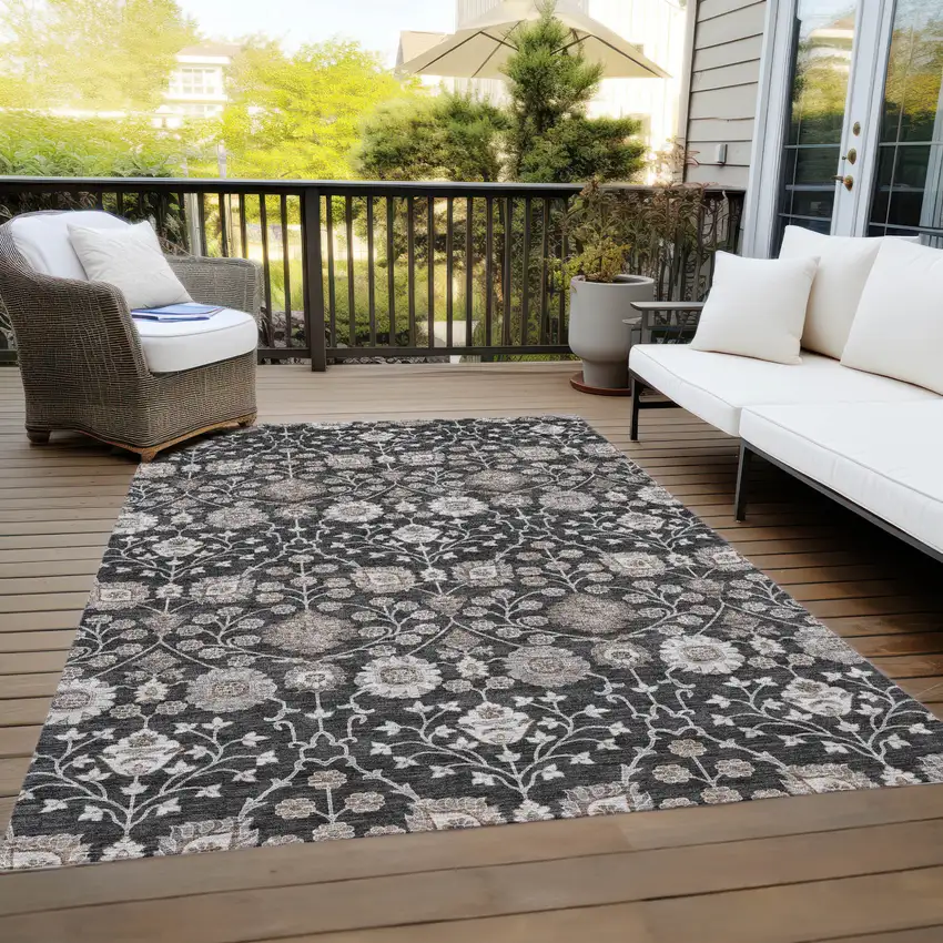 Black Brown And Beige Floral Washable Indoor Outdoor Area Rug Photo 9
