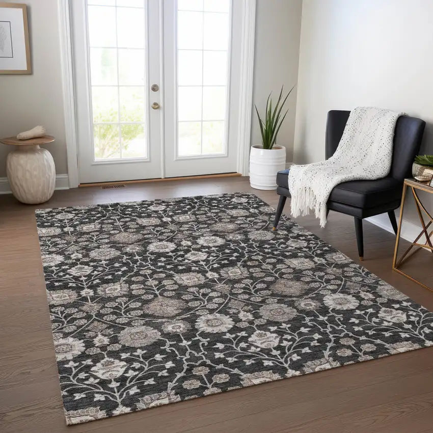 Black Brown And Beige Floral Washable Indoor Outdoor Area Rug Photo 7