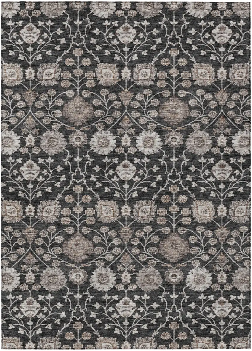 Black Brown And Beige Floral Washable Indoor Outdoor Area Rug Photo 2