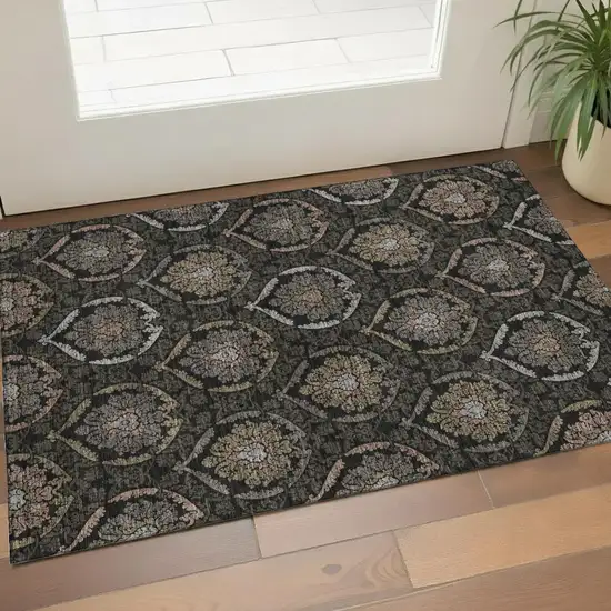 Black Brown And Gray Medallion Washable Area Rug With UV Protection Photo 1