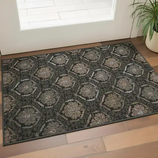 Black Brown And Gray Medallion Washable Area Rug With UV Protection Photo 2
