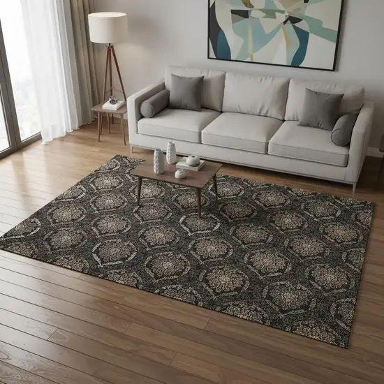 Black Brown And Gray Medallion Washable Area Rug With UV Protection Photo 2