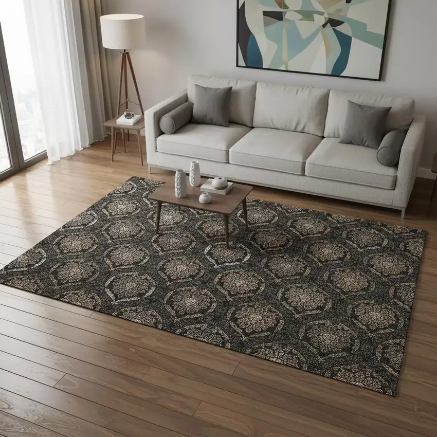 Black Brown And Gray Medallion Washable Area Rug With UV Protection Photo 2