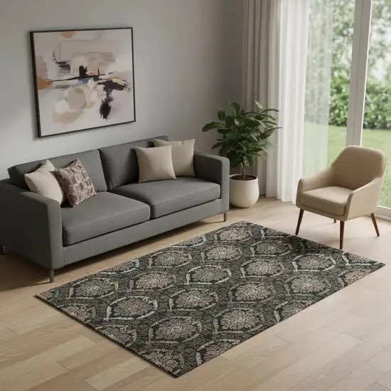 Black Brown And Gray Medallion Washable Area Rug With UV Protection Photo 1