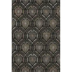 Photo of Black Brown And Gray Medallion Washable Area Rug With UV Protection