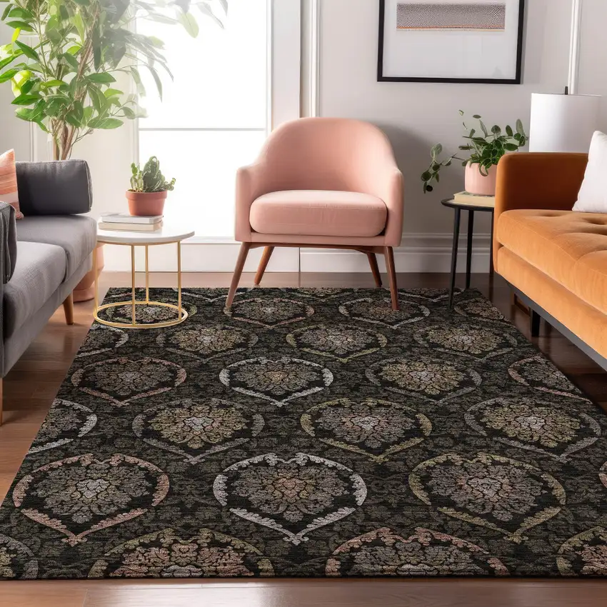 Black Brown And Gray Medallion Washable Area Rug With UV Protection Photo 4