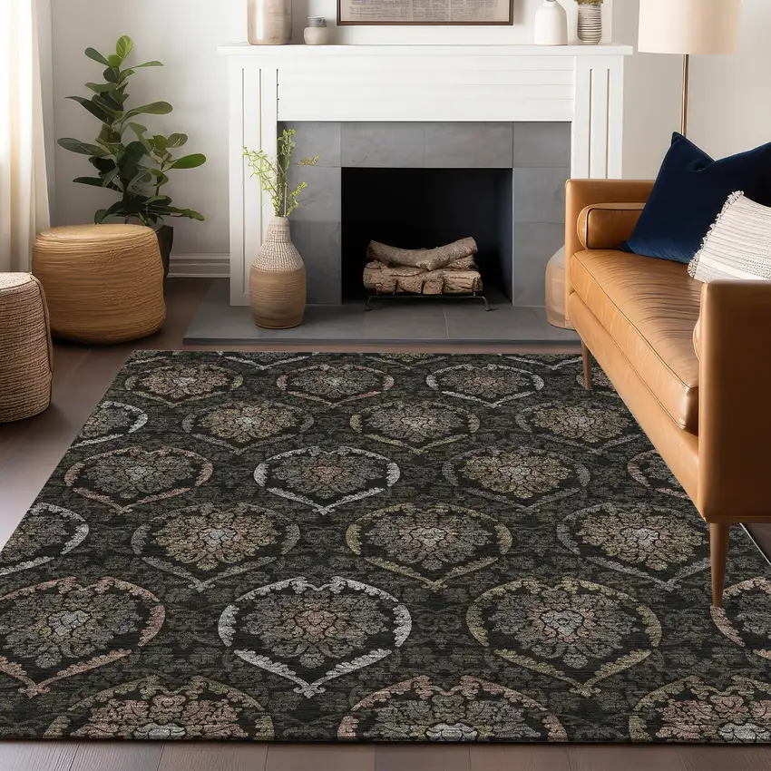 Black Brown And Gray Medallion Washable Area Rug With UV Protection Photo 5