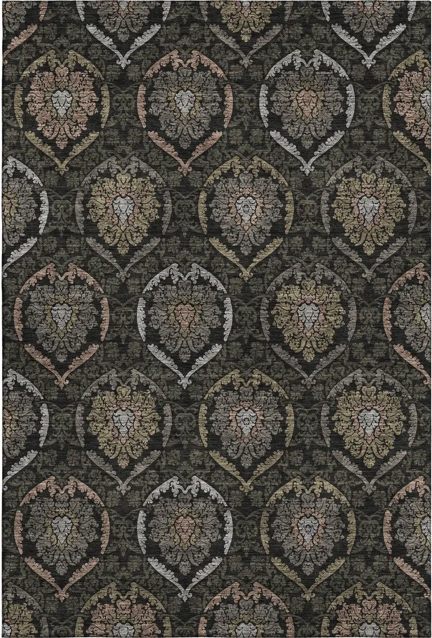 Black Brown And Gray Medallion Washable Area Rug With UV Protection Photo 1