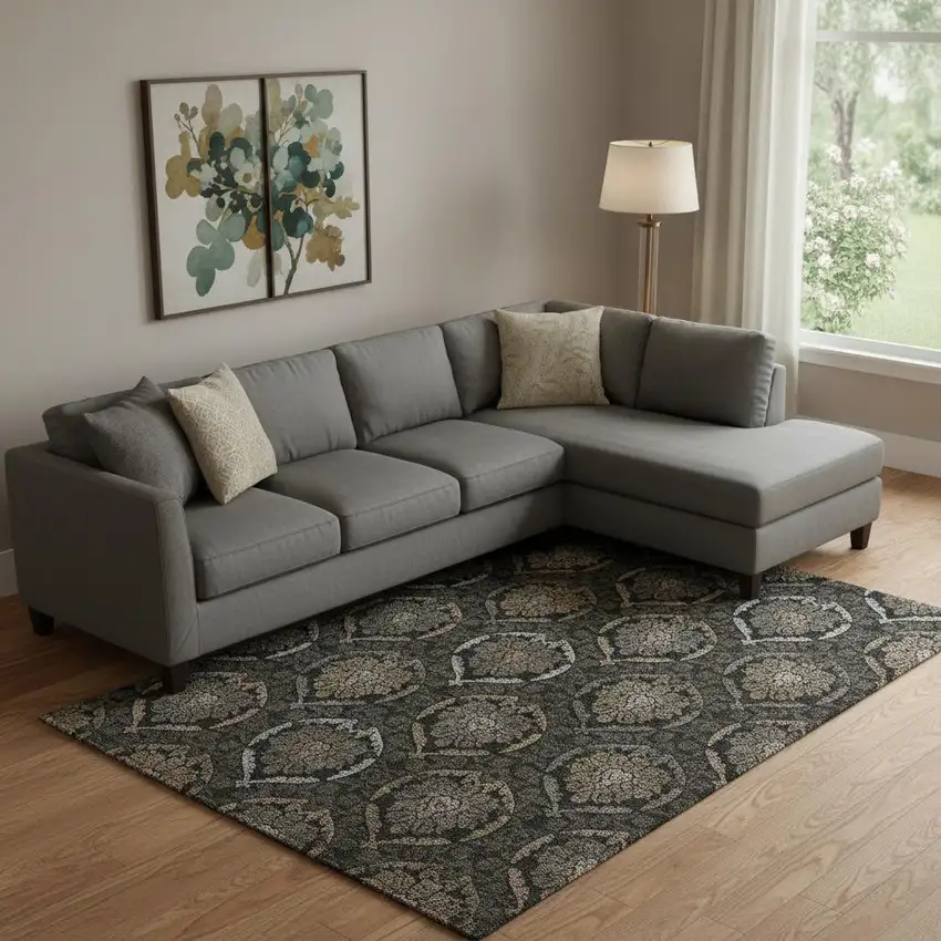 Black Brown And Gray Medallion Washable Area Rug With UV Protection Photo 1