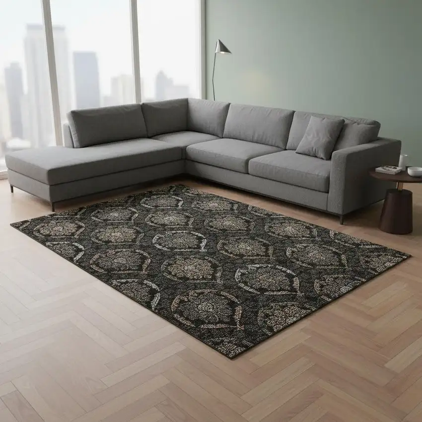 Black Brown And Gray Medallion Washable Area Rug With UV Protection Photo 2