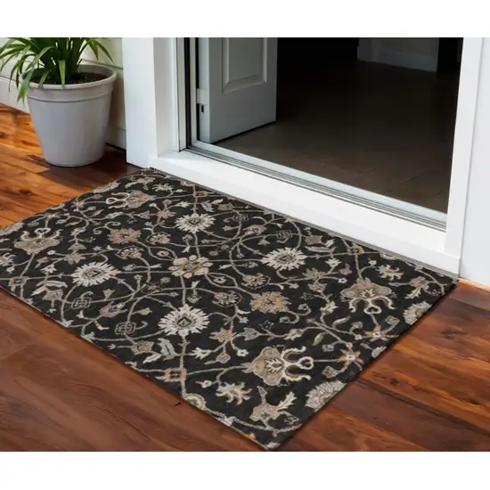 Black Brown And Ivory Floral Washable Indoor Outdoor Area Rug Photo 1