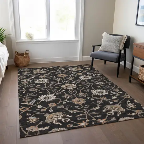 Black Brown And Ivory Floral Washable Indoor Outdoor Area Rug Photo 9
