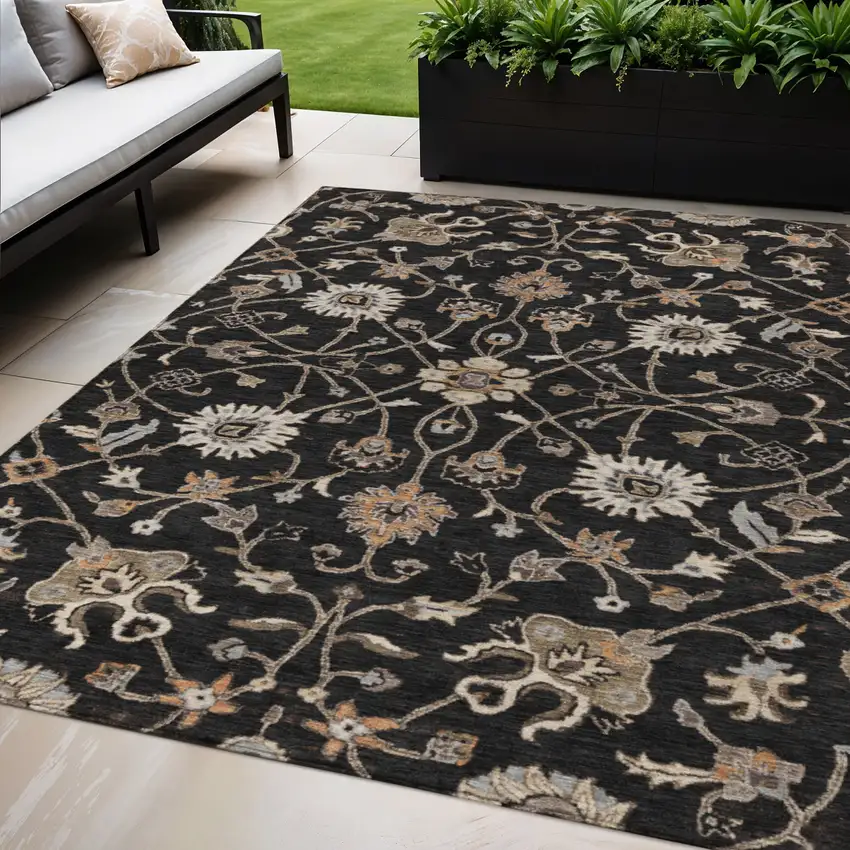 Black Brown And Ivory Floral Washable Indoor Outdoor Area Rug Photo 1