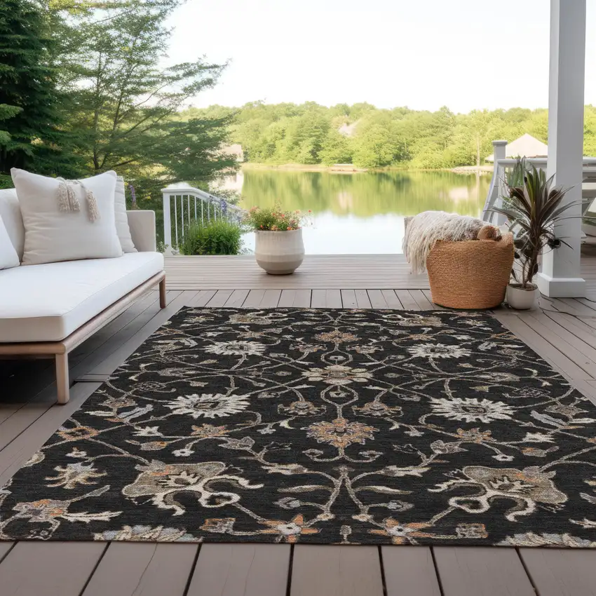 Black Brown And Ivory Floral Washable Indoor Outdoor Area Rug Photo 8
