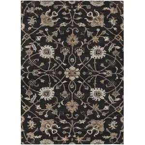 Photo of Black Brown And Ivory Floral Washable Indoor Outdoor Area Rug