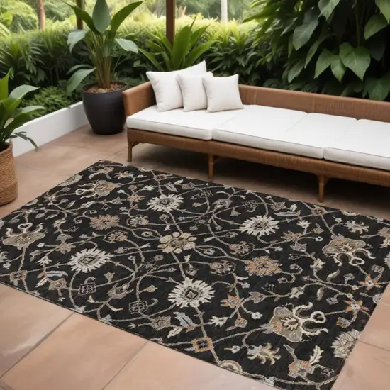 Black Brown And Ivory Floral Washable Indoor Outdoor Area Rug Photo 1