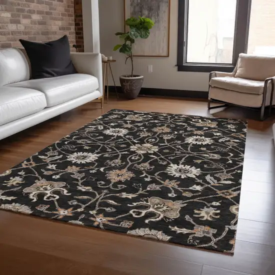 Black Brown And Ivory Floral Washable Indoor Outdoor Area Rug Photo 9