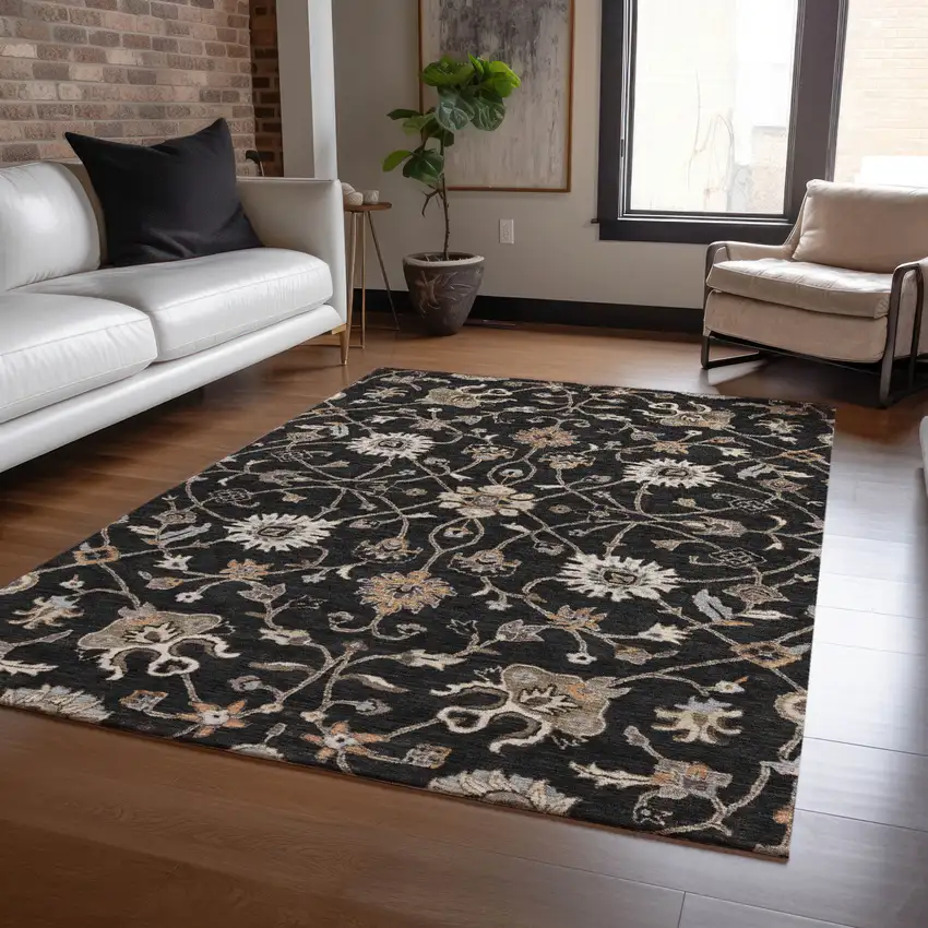 Black Brown And Ivory Floral Washable Indoor Outdoor Area Rug Photo 9