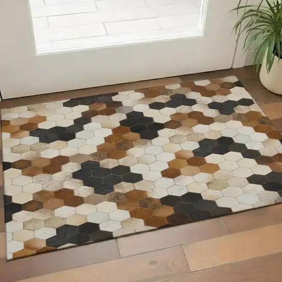 Black Brown And Ivory Geometric Washable Area Rug With UV Protection Photo 1