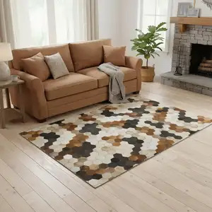 Photo of Black Brown And Ivory Geometric Washable Area Rug With UV Protection