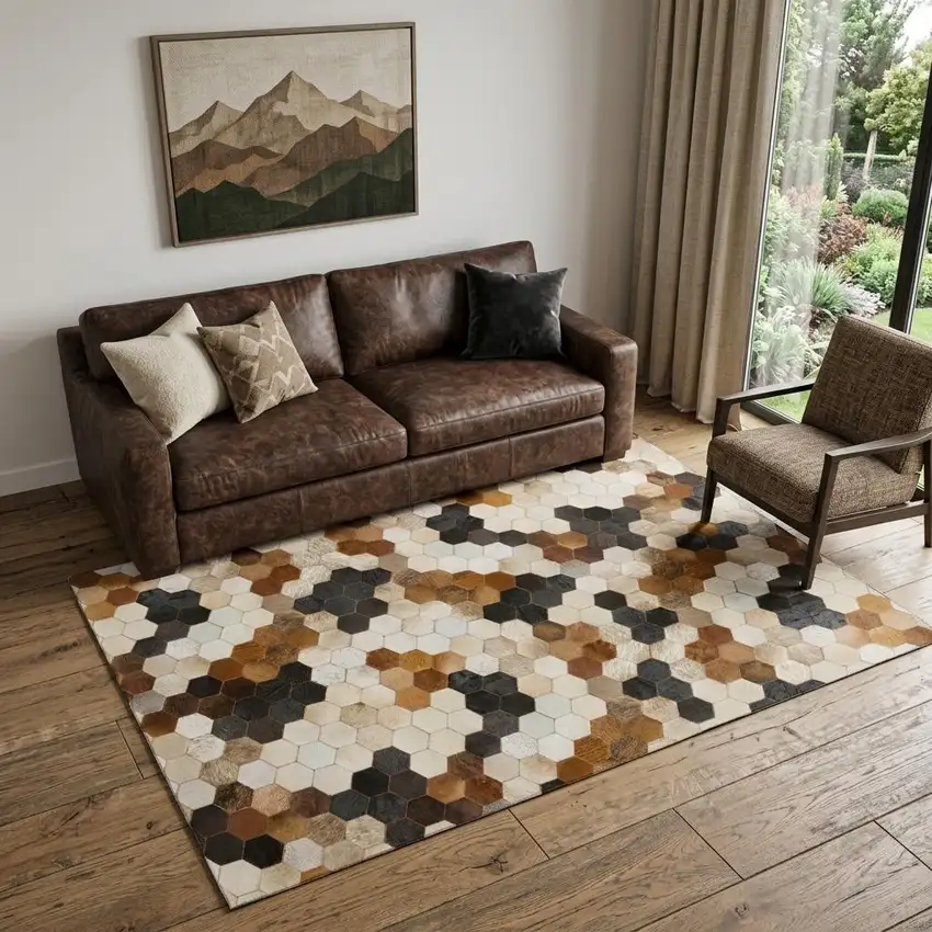 Black Brown And Ivory Geometric Washable Area Rug With UV Protection Photo 1