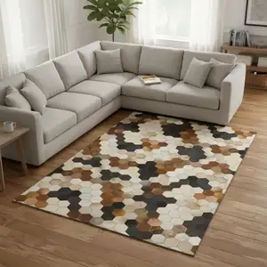 Photo of Black Brown And Ivory Geometric Washable Area Rug With UV Protection