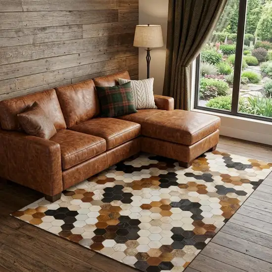 Black Brown And Ivory Geometric Washable Area Rug With UV Protection Photo 1