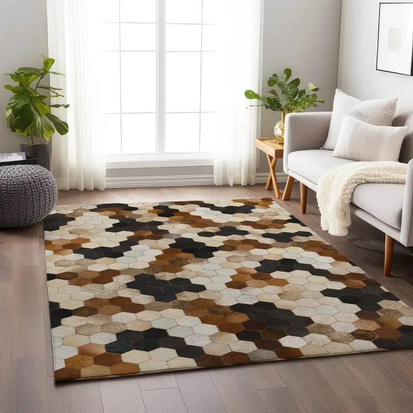 Black Brown And Ivory Geometric Washable Area Rug With UV Protection Photo 4