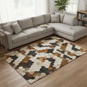 Photo of Black Brown And Ivory Geometric Washable Area Rug With UV Protection