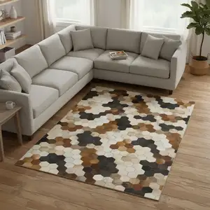 Photo of Black Brown And Ivory Geometric Washable Area Rug With UV Protection