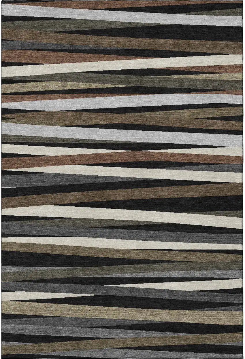 Black Brown And Ivory Striped Washable Area Rug With UV Protection Photo 3