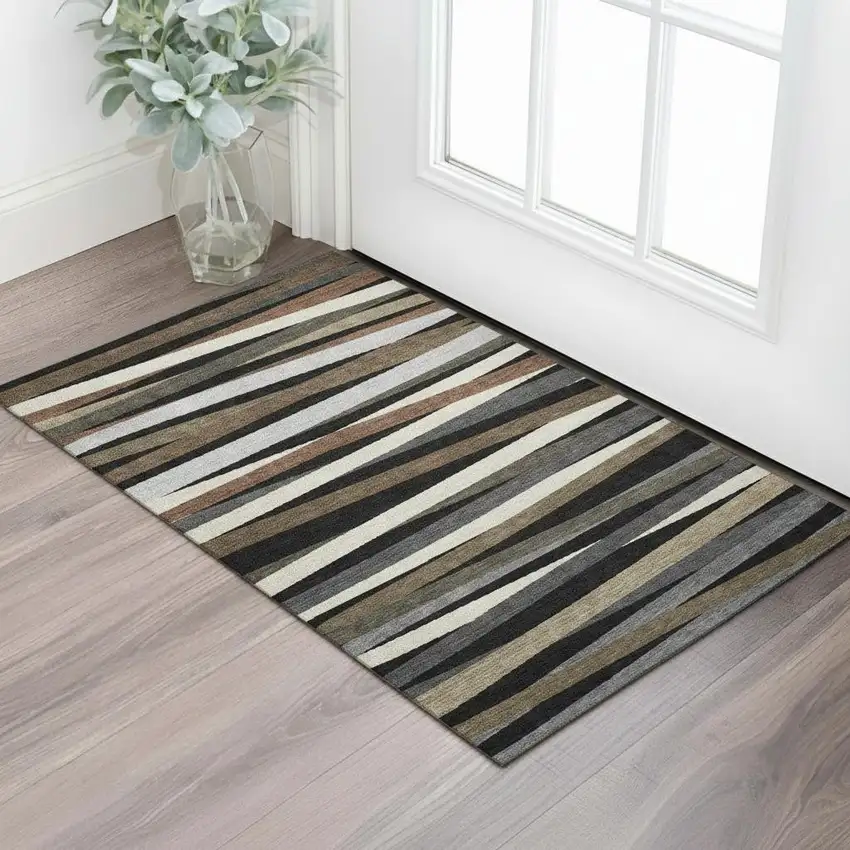 Black Brown And Ivory Striped Washable Area Rug With UV Protection Photo 2