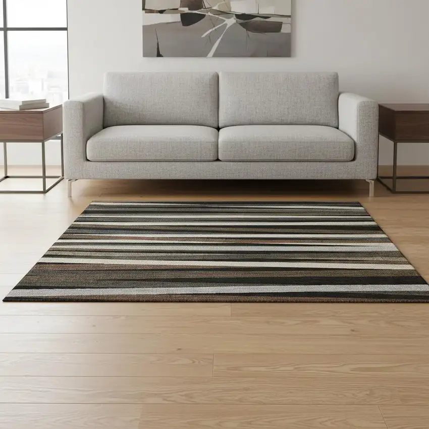 Black Brown And Ivory Striped Washable Area Rug With UV Protection Photo 2