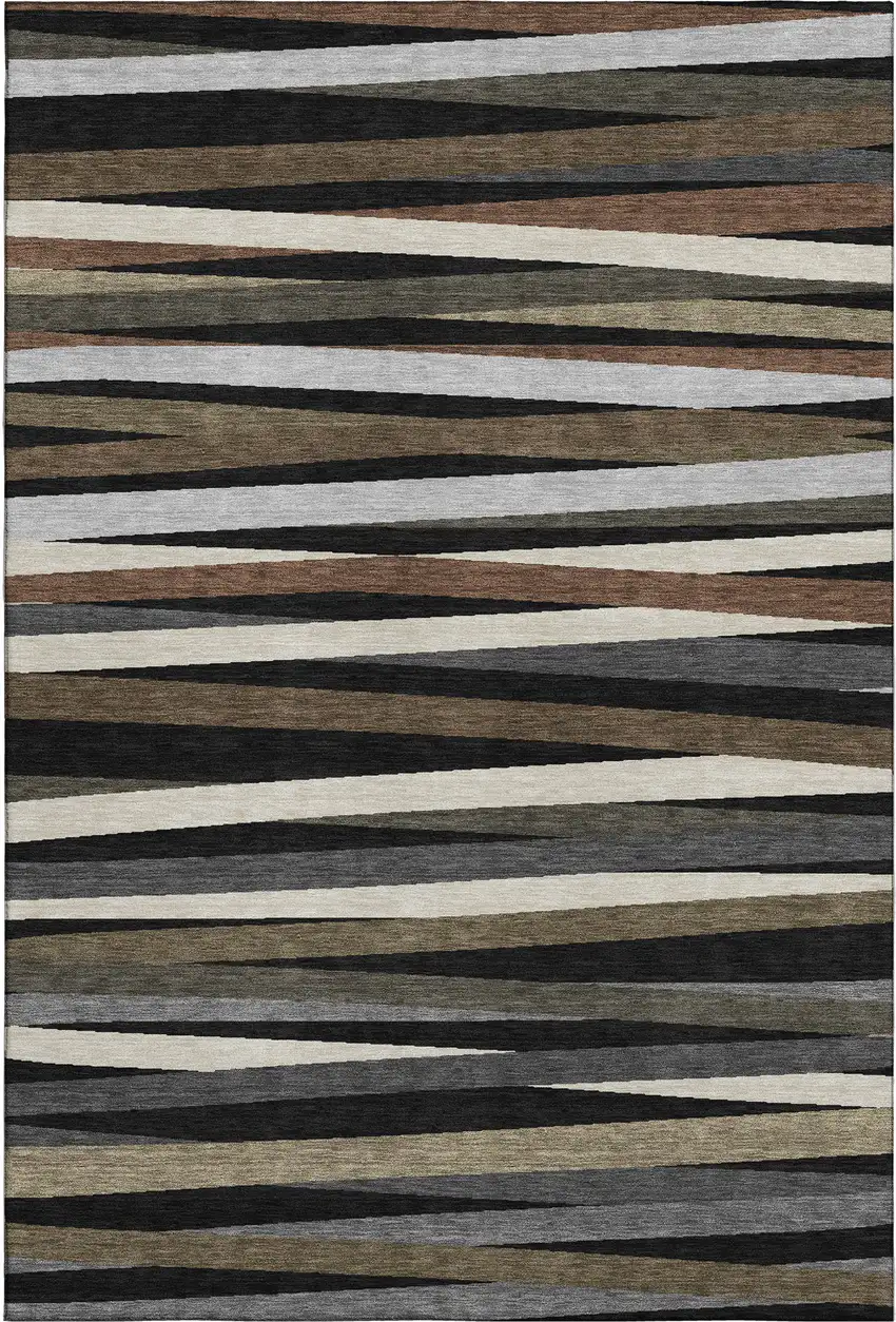 Black Brown And Ivory Striped Washable Area Rug With UV Protection Photo 1