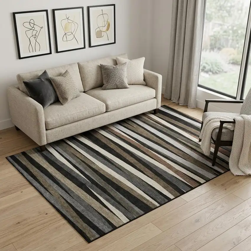 Black Brown And Ivory Striped Washable Area Rug With UV Protection Photo 1