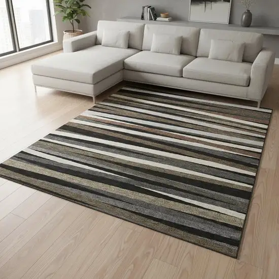 Black Brown And Ivory Striped Washable Area Rug With UV Protection Photo 2