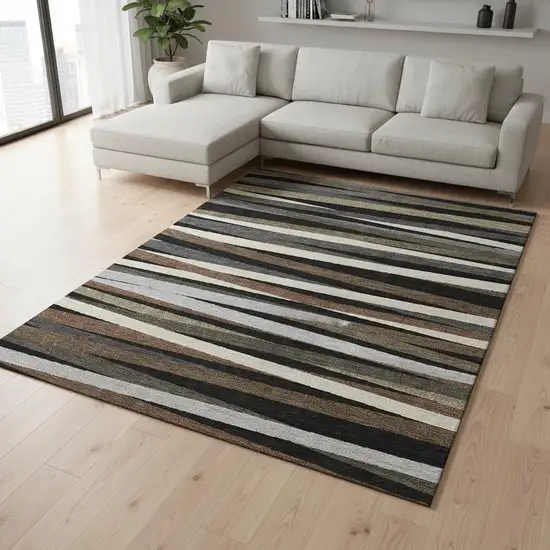 Black Brown And Ivory Striped Washable Area Rug With UV Protection Photo 2