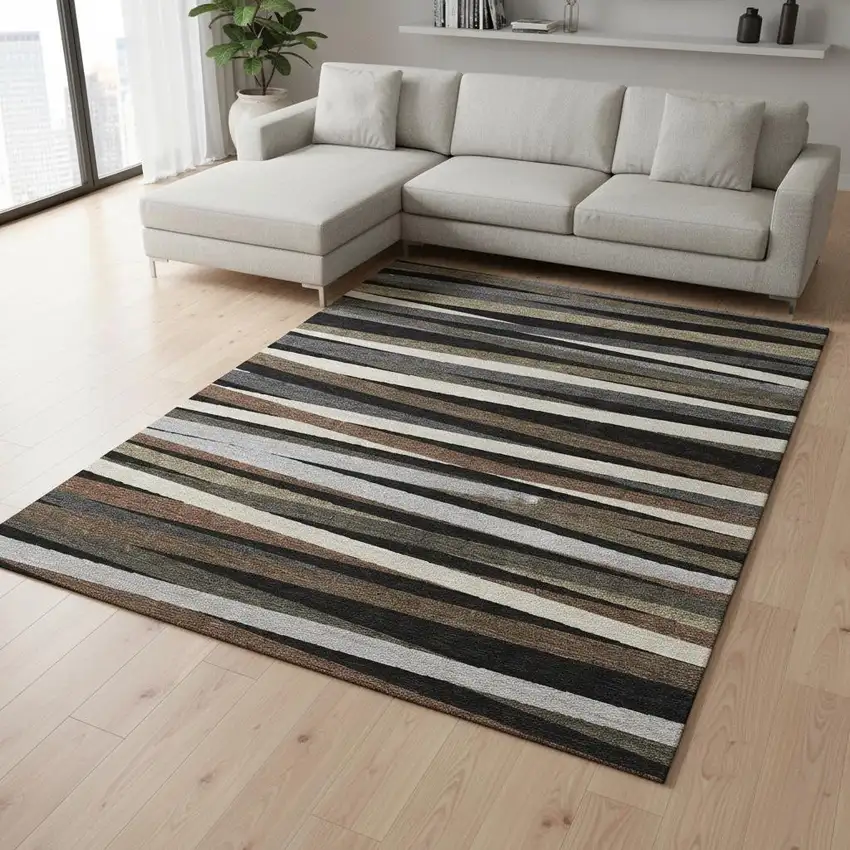 Black Brown And Ivory Striped Washable Area Rug With UV Protection Photo 2