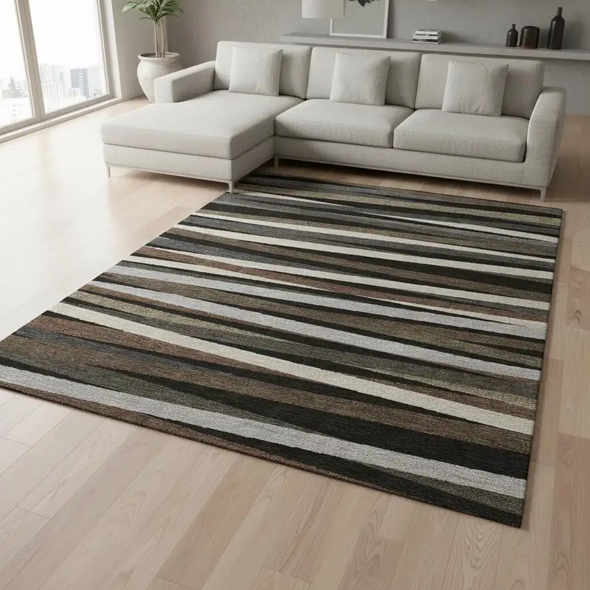 Black Brown And Ivory Striped Washable Area Rug With UV Protection Photo 2