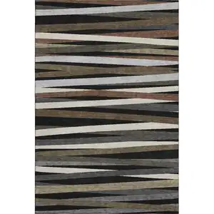 Photo of Black Brown And Ivory Striped Washable Area Rug With UV Protection